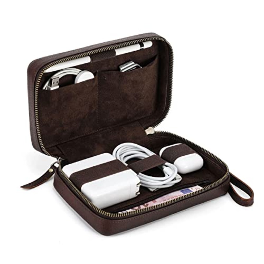 Tech Accessories Case - Full Grain Leather Electronic Organizer Travel